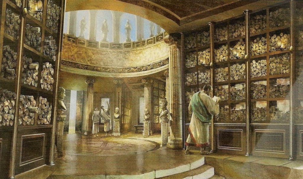 Who burned down the Library of Alexandria?