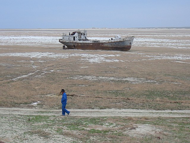 The Soviet Union diverted the rivers that fed it in the 1960s and the Aral Sea has almost completely dried up.